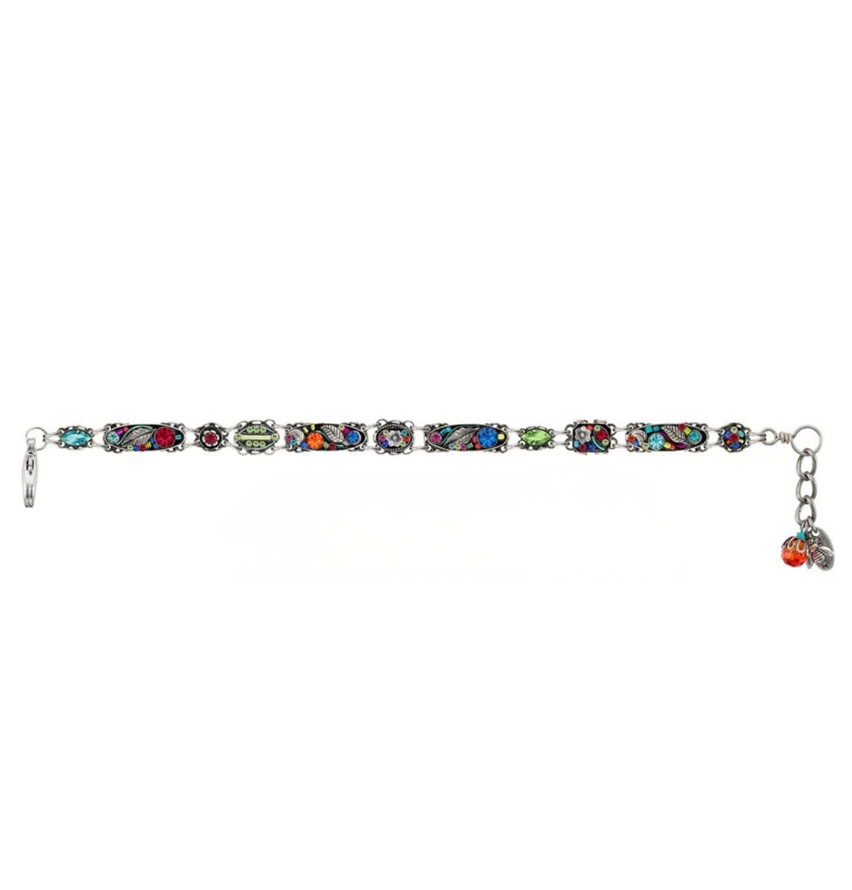 Introducing the Firefly Botanical Multi-Color Bracelet by Firefly—a silver, handmade fair-trade bracelet featuring rectangular, multicolored floral links, an adjustable clasp, and a small red bead charm for an extra touch of uniqueness. Designed to stand out as a distinctive piece of jewelry.