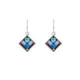 Introducing the Architectural Diamond Light Blue Earrings by Firefly—a pair of square-shaped, silver drop earrings showcasing blue, purple, and pink gemstones arranged in a modern geometric pattern inspired by architectural diamond motifs for a sophisticated touch.