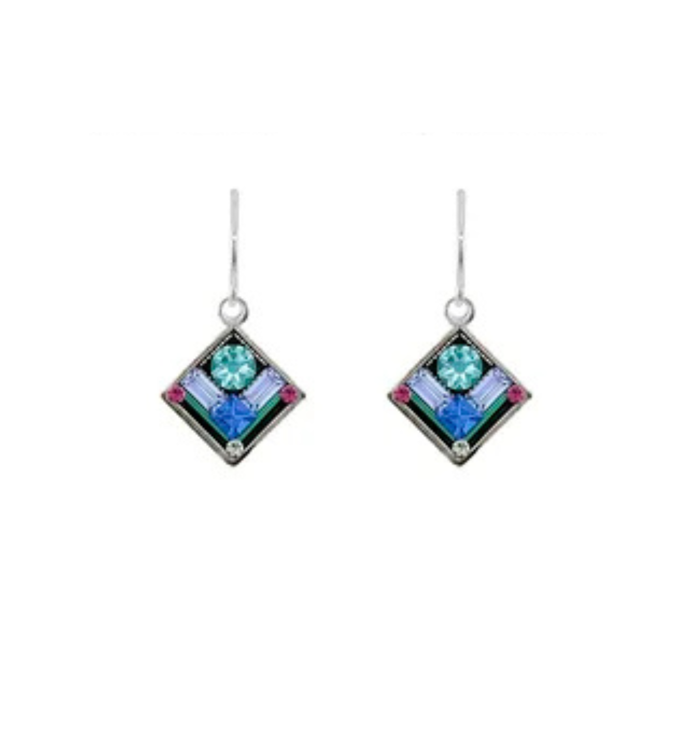 Introducing the Architectural Diamond Light Blue Earrings by Firefly—a pair of square-shaped, silver drop earrings showcasing blue, purple, and pink gemstones arranged in a modern geometric pattern inspired by architectural diamond motifs for a sophisticated touch.