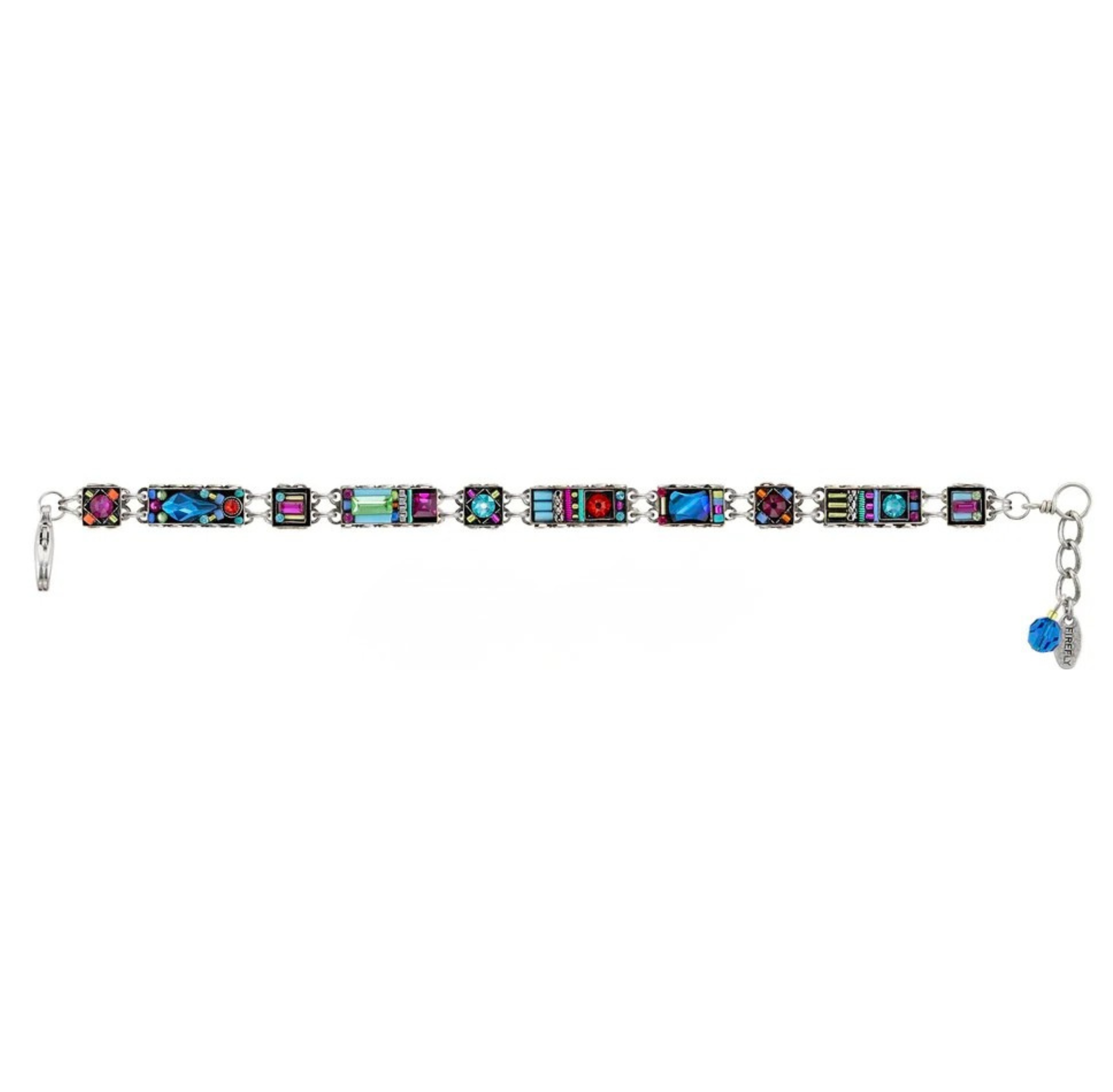 Introducing the Firefly Milano Thin Rectangle Multi-Color Bracelet, featuring slim rectangular links adorned with vibrant geometric enamel designs and finished with an adjustable chain accented by a petite blue Milano charm.