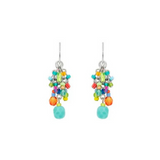 Adorned with clusters of colorful beads and finished with a larger turquoise bead at the bottom, the Confetti Multi Color Limited Edition Earrings by Firefly are striking examples of handmade jewelry from Firefly.
