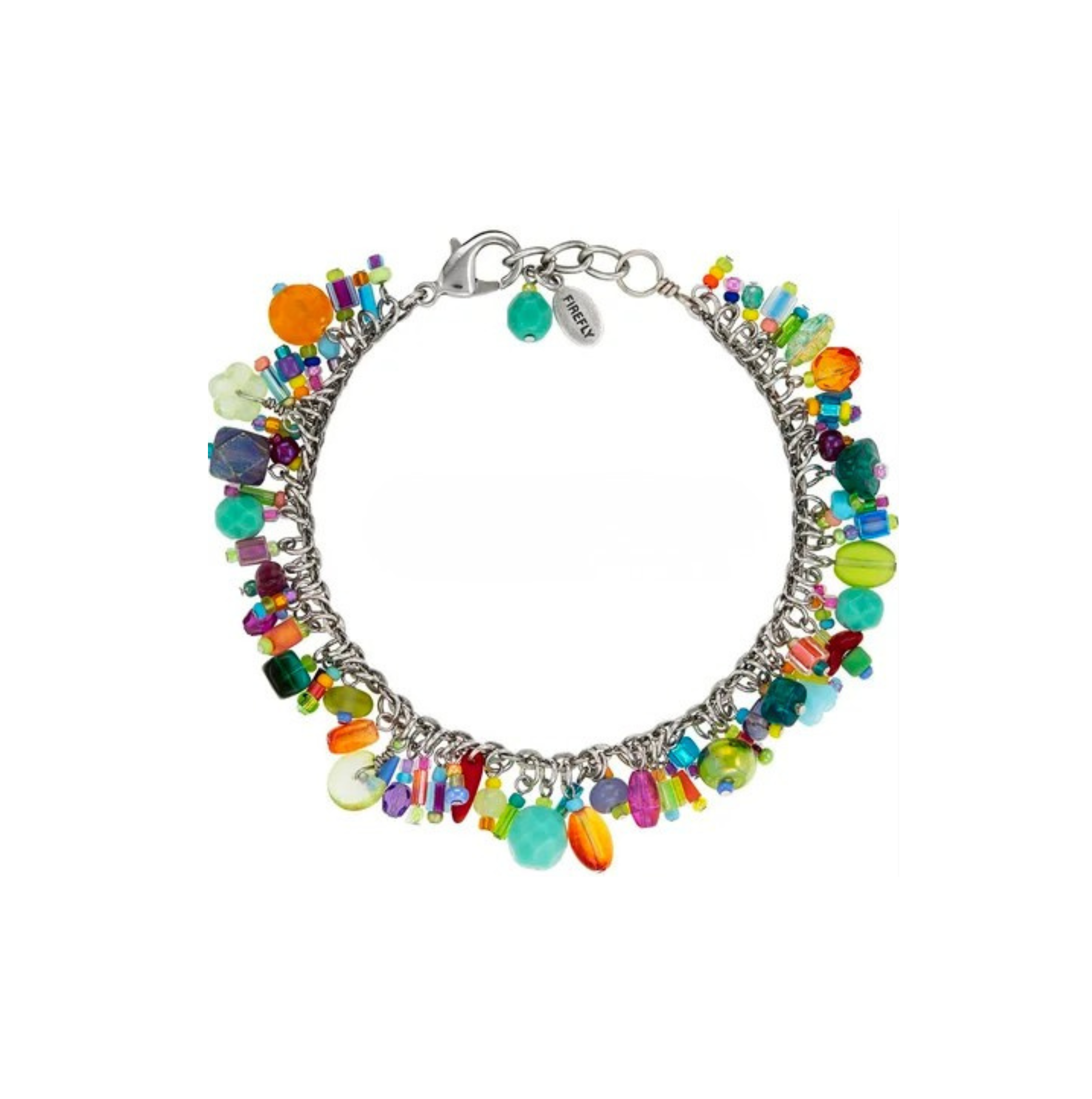 The Confetti Multi-Color Bracelet—Limited Edition by Firefly is a handcrafted silver chain bracelet embellished with vibrant beads and uniquely shaped charms. Featuring a lobster clasp and a small engraved tag, this Firefly jewelry piece brings a playful pop of color to any ensemble.