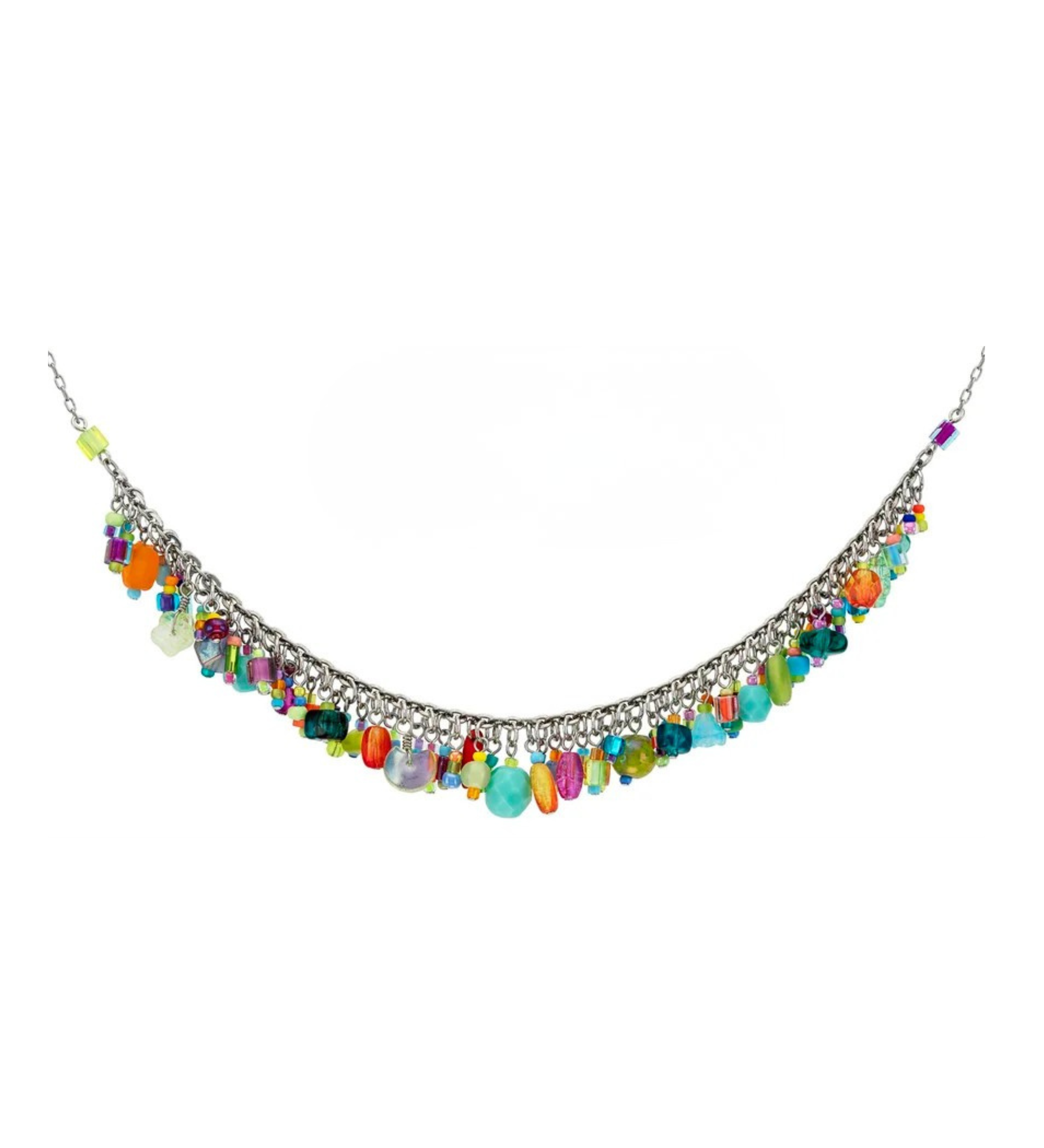 The Confetti Multi-Color Necklace—Limited Edition by Firefly is a beautiful silver necklace adorned with small, colorful gemstone and bead charms along the chain, creating a vibrant and festive look. This stunning piece of handmade jewelry from Firefly adds a playful burst of color to any outfit.