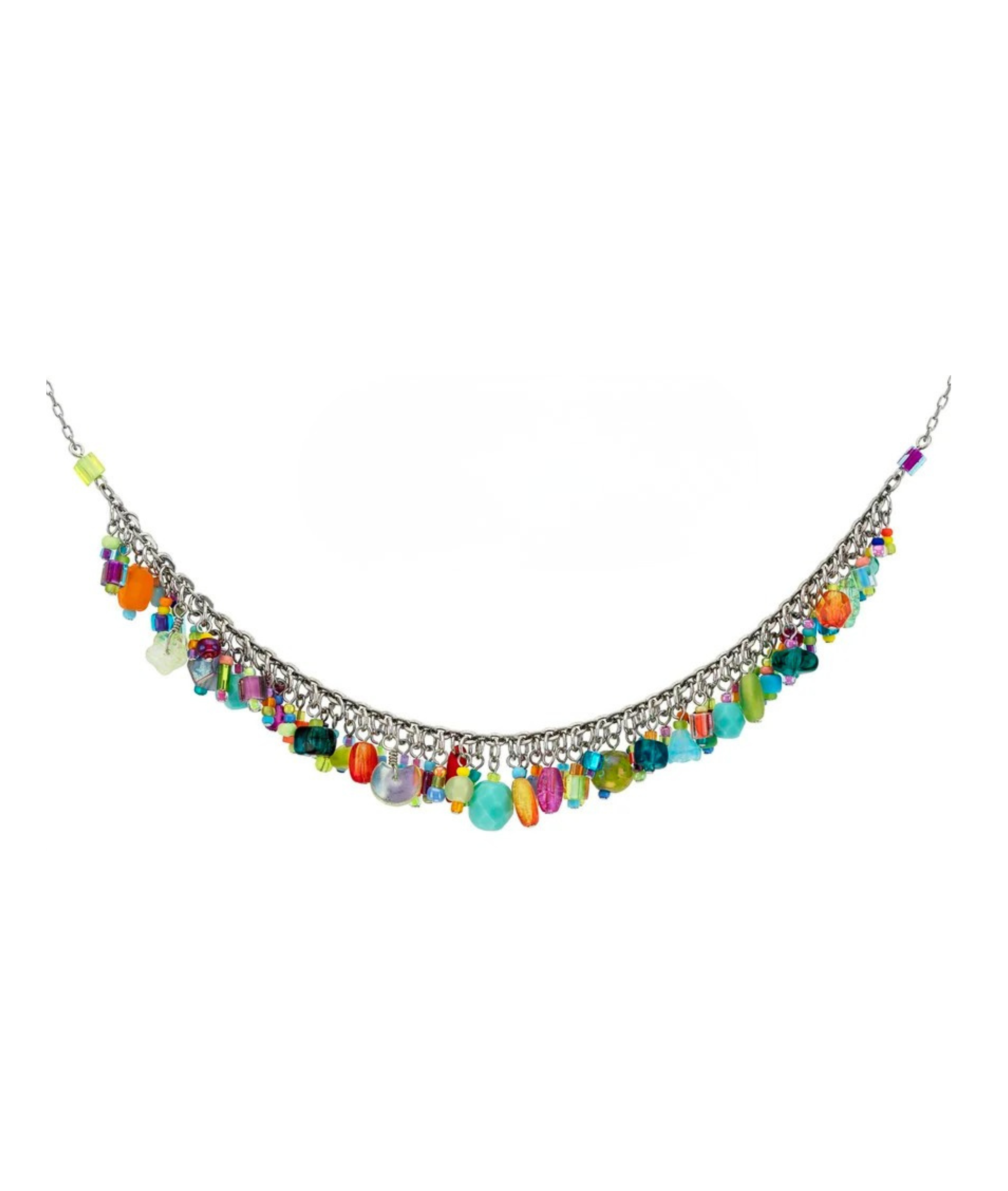 The Confetti Multi-Color Necklace—Limited Edition by Firefly is a beautiful silver necklace adorned with small, colorful gemstone and bead charms along the chain, creating a vibrant and festive look. This stunning piece of handmade jewelry from Firefly adds a playful burst of color to any outfit.