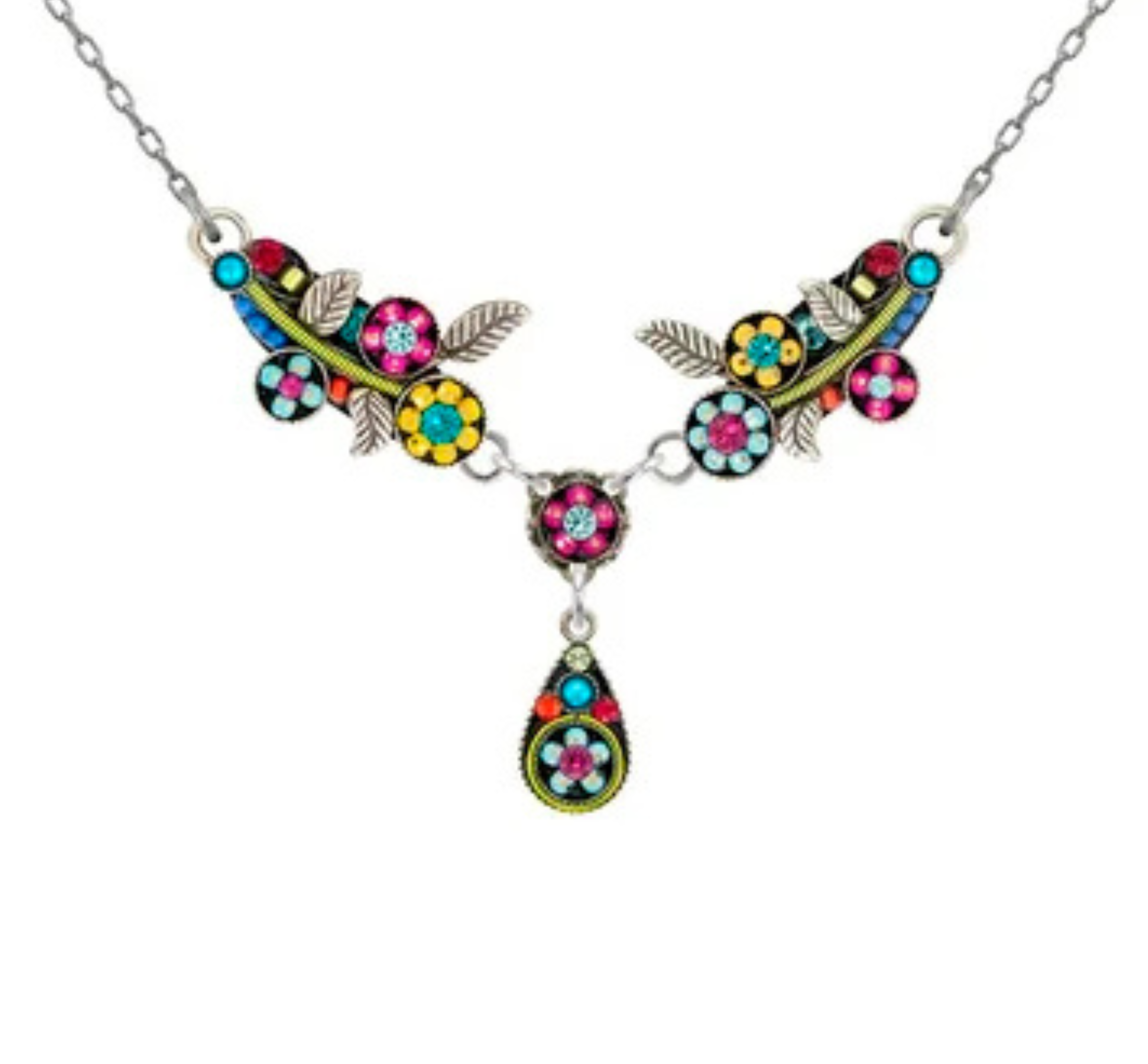 Introducing the Scalloped Multi-Color Flower w/Drop Necklace by Firefly—an artisanal piece featuring vibrant jeweled flowers, silver leaves, and a sparkling teardrop pendant on a silver chain. Handmade under fair-trade practices, this necklace from Firefly Jewelry combines vivid color with ethical craftsmanship for a truly stunning statement accessory.