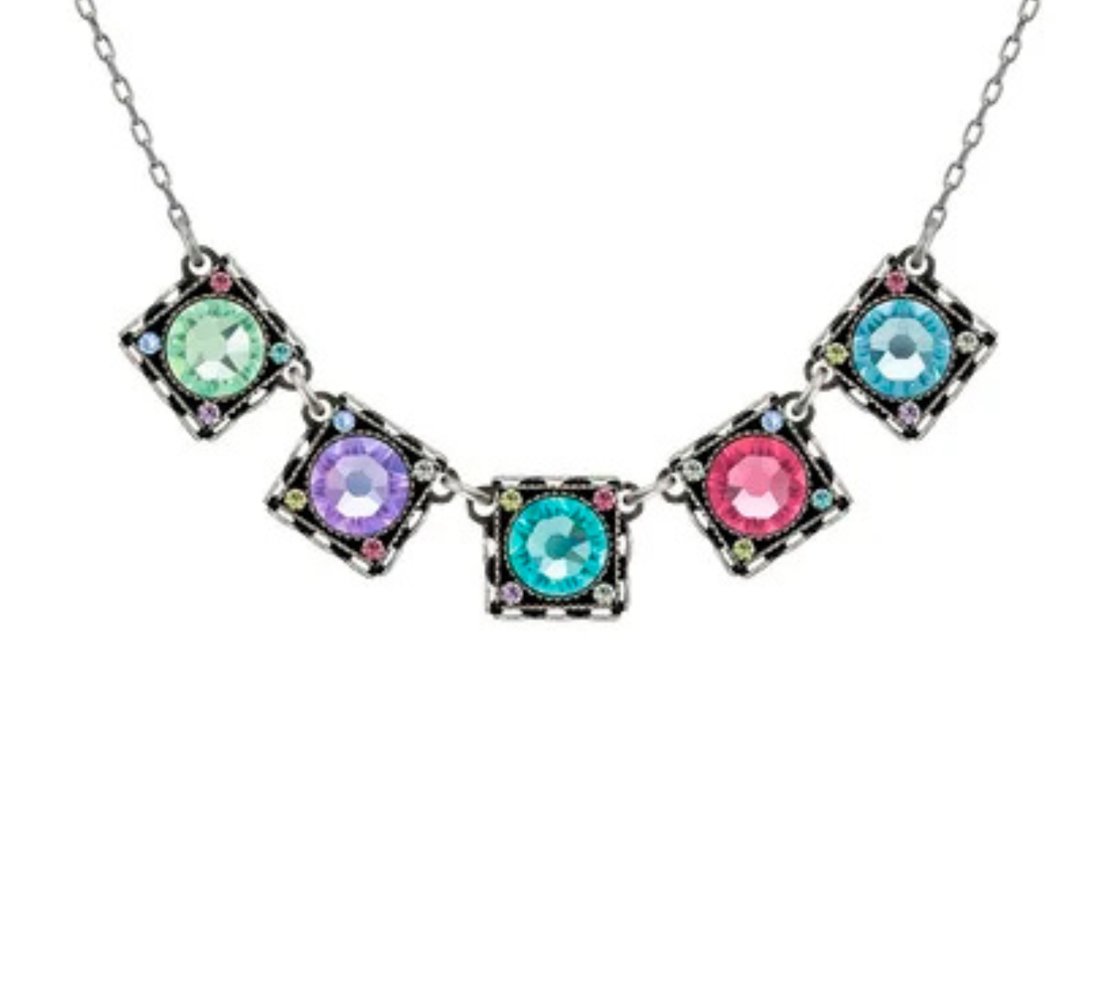 Introducing the Rainbow Medium Square Necklace Soft by Firefly—a handmade piece from Guatemala featuring four square pendants, each adorned with a distinct colored gem in green, purple, blue, and pink. Vibrant multicolored stones encircle each gem on a shimmering silver chain, creating a truly artful accessory by Firefly Jewelry.