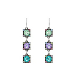Discover the vibrant artistry of Firefly with the Rainbow Linear 3 Drop Earring Soft—beautiful fair trade earrings handcrafted in Guatemala. Each earring by Firefly features three square silver-tone sections, each set with a colorful round gem in green, purple, and teal, and encircled by sparkling multicolored stones. These linear drop earrings offer a lively splash of color and showcase ethical craftsmanship to brighten your accessory collection.