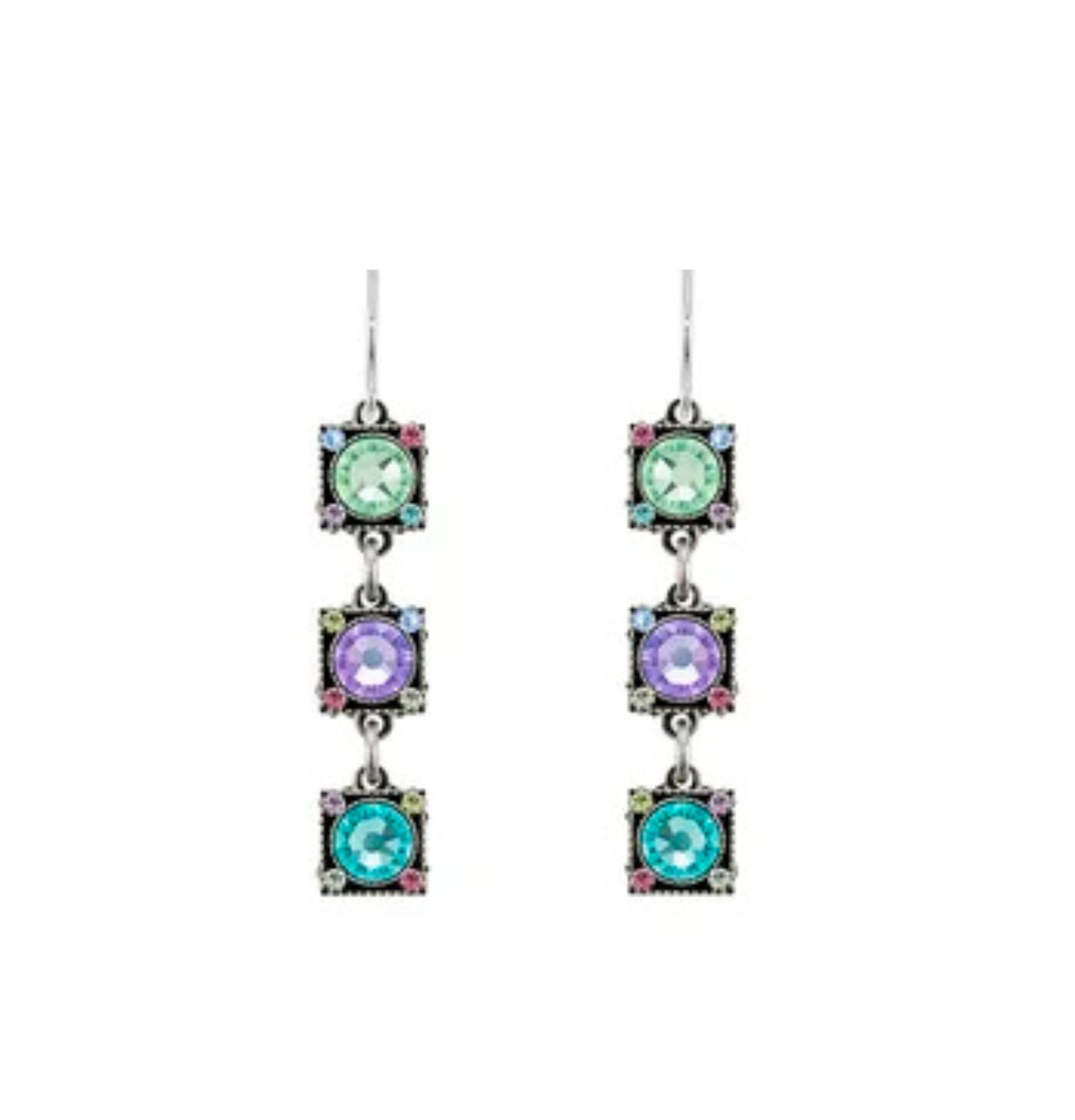 Discover the vibrant artistry of Firefly with the Rainbow Linear 3 Drop Earring Soft—beautiful fair trade earrings handcrafted in Guatemala. Each earring by Firefly features three square silver-tone sections, each set with a colorful round gem in green, purple, and teal, and encircled by sparkling multicolored stones. These linear drop earrings offer a lively splash of color and showcase ethical craftsmanship to brighten your accessory collection.