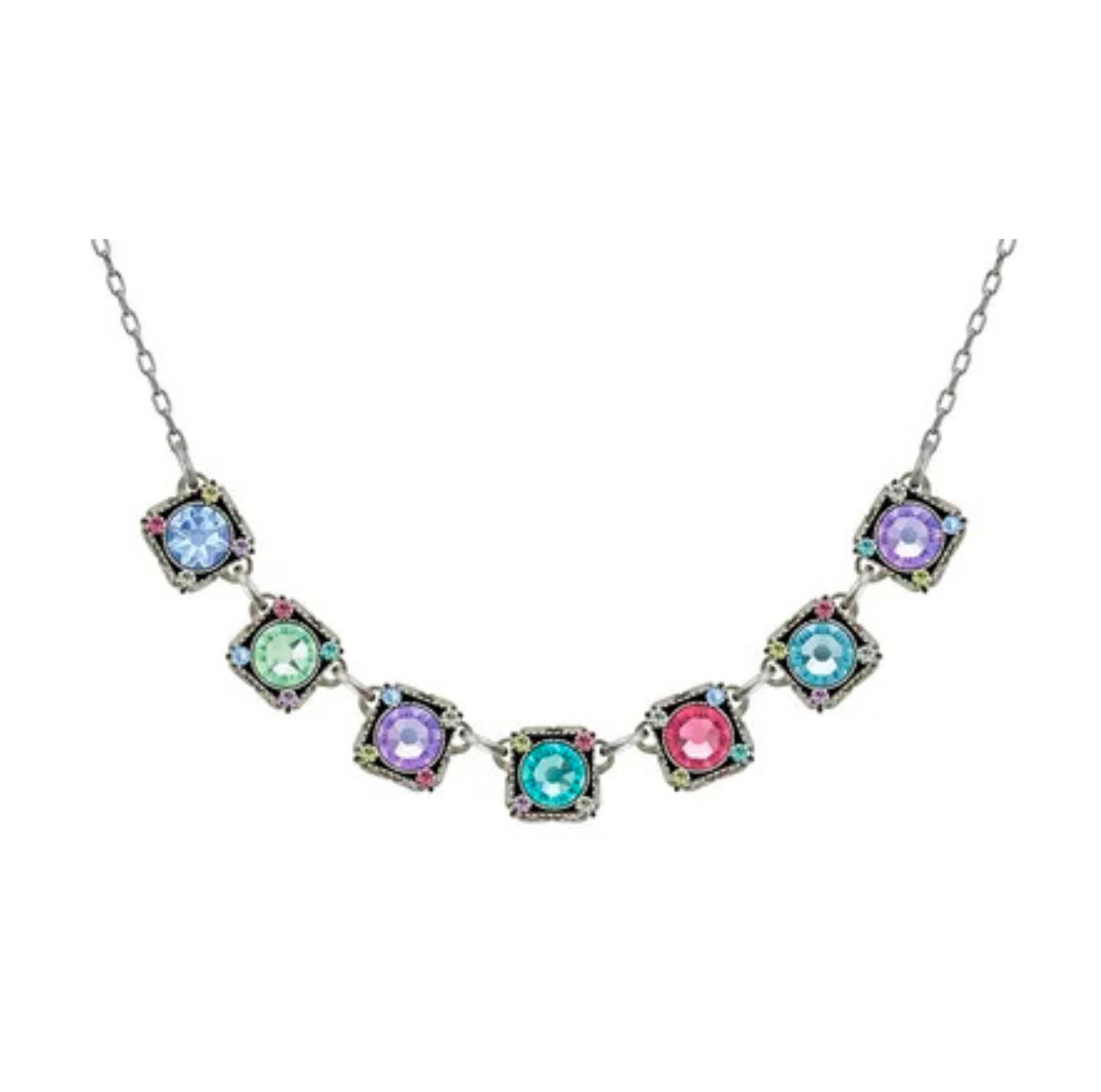 Introducing the Firefly Rainbow Small Squares Multi-Color Necklace: a delicate silver necklace featuring eight square, multicolored gemstone pendants, each bordered by tiny colored stones and artfully arranged in a gentle curve along the chain. This handmade piece by Firefly Jewelry is crafted with care to highlight vibrant hues and timeless elegance.