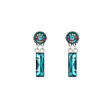 Featuring round, multicolored tops and rectangular blue gemstone dangles set in silver, the Kensington Rectangle w/Post Bermuda Blue Earrings from Firefly showcase the brand’s renowned handmade fair trade jewelry craftsmanship—displayed here against a plain white background.