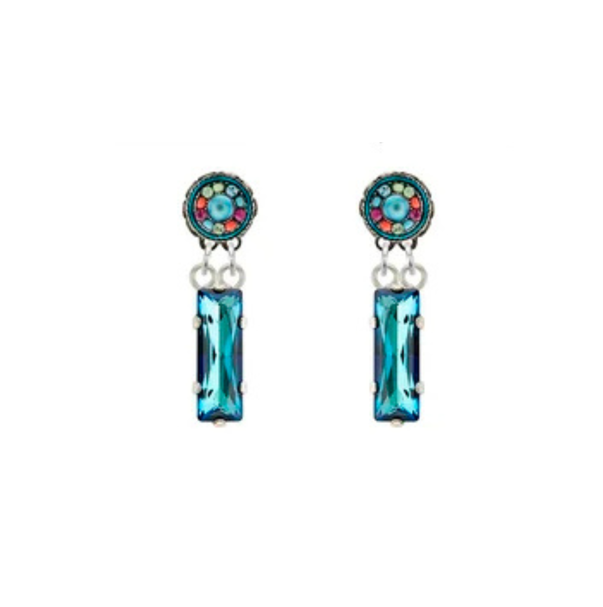 Featuring round, multicolored tops and rectangular blue gemstone dangles set in silver, the Kensington Rectangle w/Post Bermuda Blue Earrings from Firefly showcase the brand’s renowned handmade fair trade jewelry craftsmanship—displayed here against a plain white background.