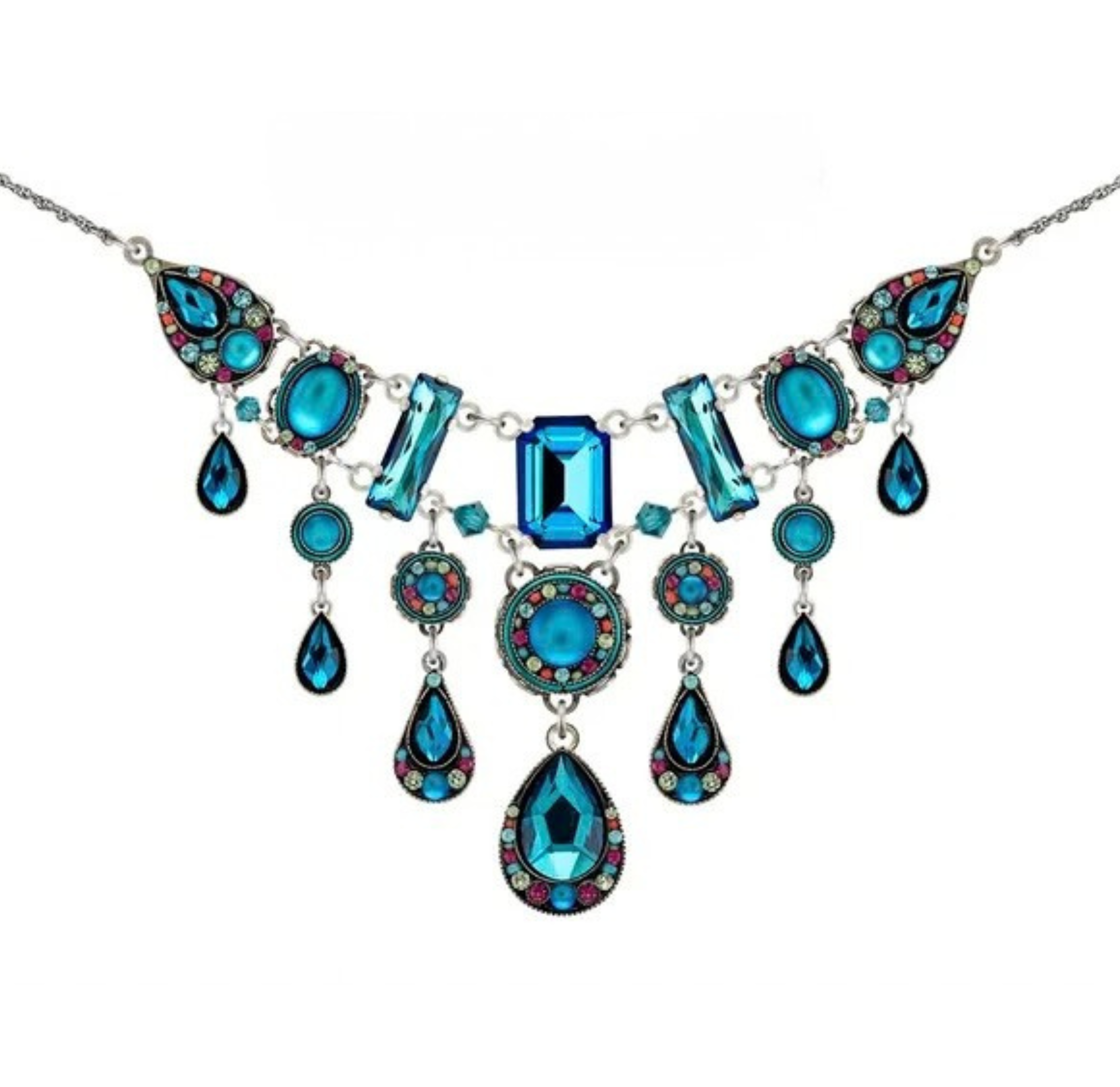 Firefly Kensington Elaborate Style Necklace- Bermuda Blue featuring teardrop and rectangular crystals set in silver-tone metal with multicolored accents.