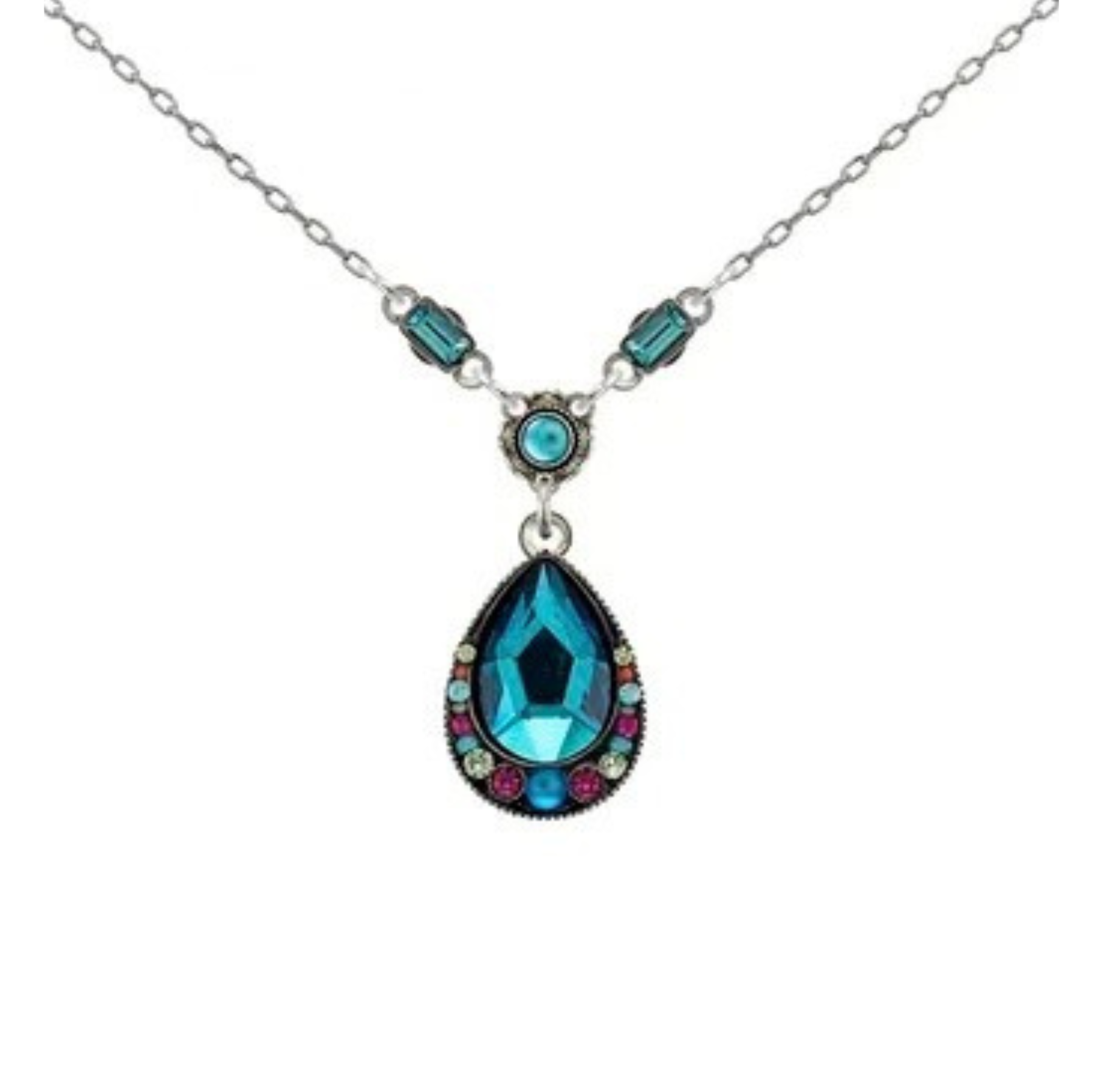 A silver Kensington Large Tear Drop Pendant Necklace - Bermuda Blue featuring a teardrop-shaped pendant surrounded by multicolored crystals, with two rectangular blue crystals on the chain above the pendant.