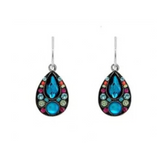 Firefly Kensington Oval Drop Dangle Earrings- Bermuda Blue featuring a teardrop-shaped central stone surrounded by smaller, multicolored crystal accents in a dark metal setting.