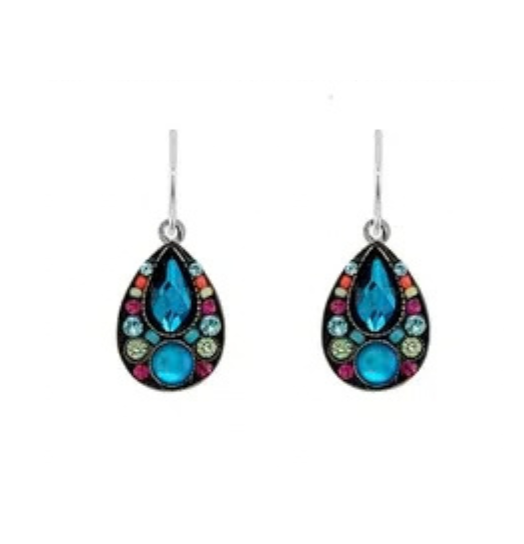 Firefly Kensington Oval Drop Dangle Earrings- Bermuda Blue featuring a teardrop-shaped central stone surrounded by smaller, multicolored crystal accents in a dark metal setting.
