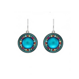 Kensington Round Dangle Earrings- Bermuda Blue featuring a large, iridescent center stone surrounded by a border of small multicolored crystals.