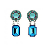 Firefly Kensington Rectangle Drop -Round Top Post Earrings- Bermuda Blue featuring a circular stud with a central turquoise stone surrounded by small colorful crystals, hanging above a rectangular blue faceted stone.