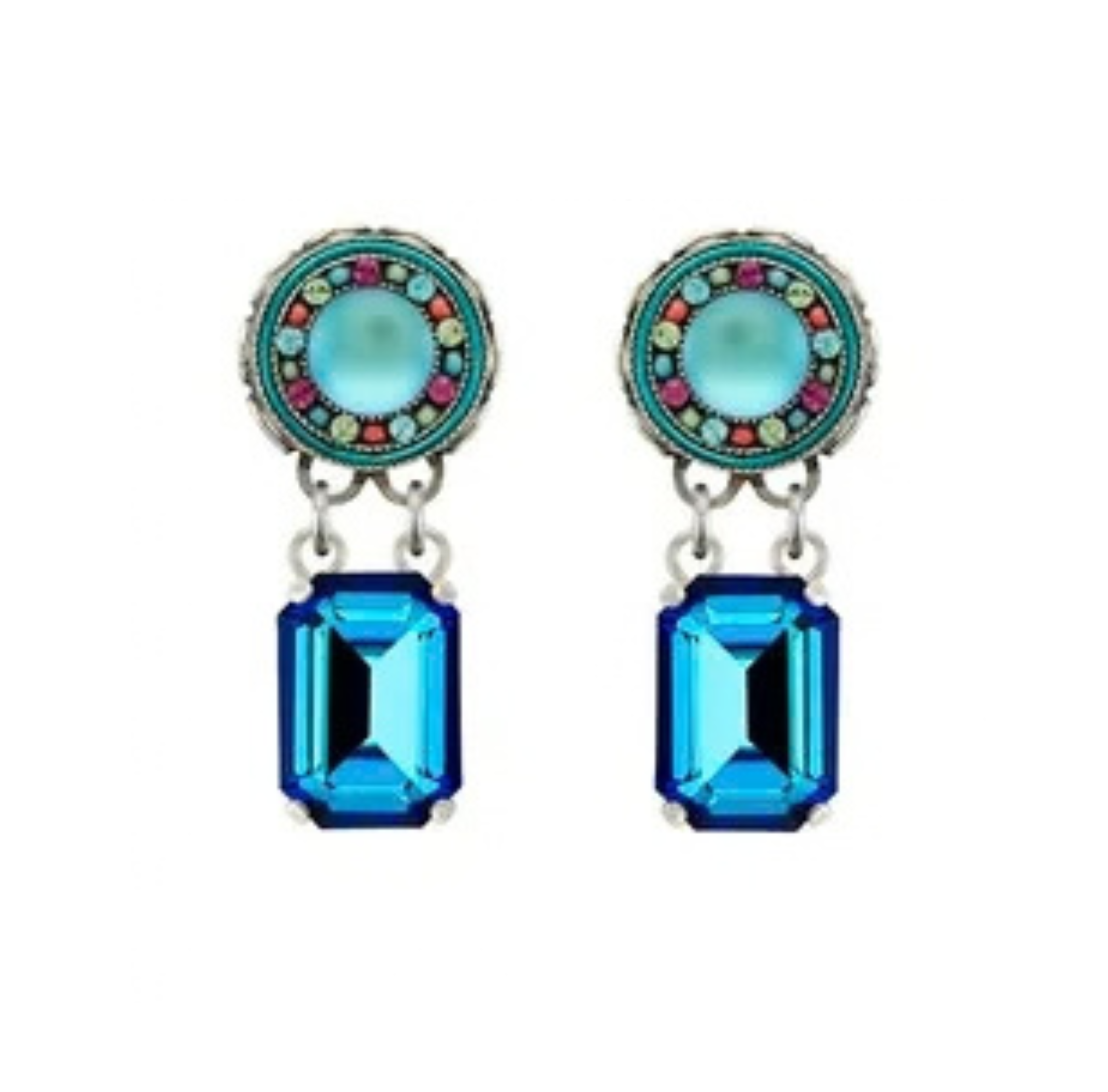 Firefly Kensington Rectangle Drop -Round Top Post Earrings- Bermuda Blue featuring a circular stud with a central turquoise stone surrounded by small colorful crystals, hanging above a rectangular blue faceted stone.