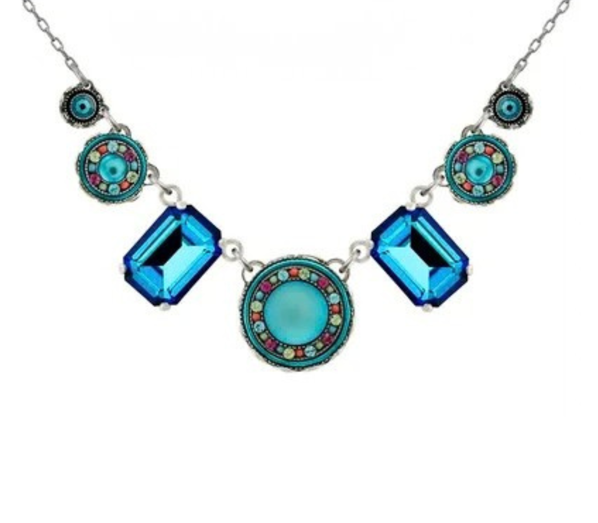 Firefly Kensington Round Ctr 7 Drop Necklace- Bermuda Blue featuring two large rectangular Bermuda blue crystals, a central turquoise cabochon, and smaller circular turquoise and evil eye accents on a silver chain.