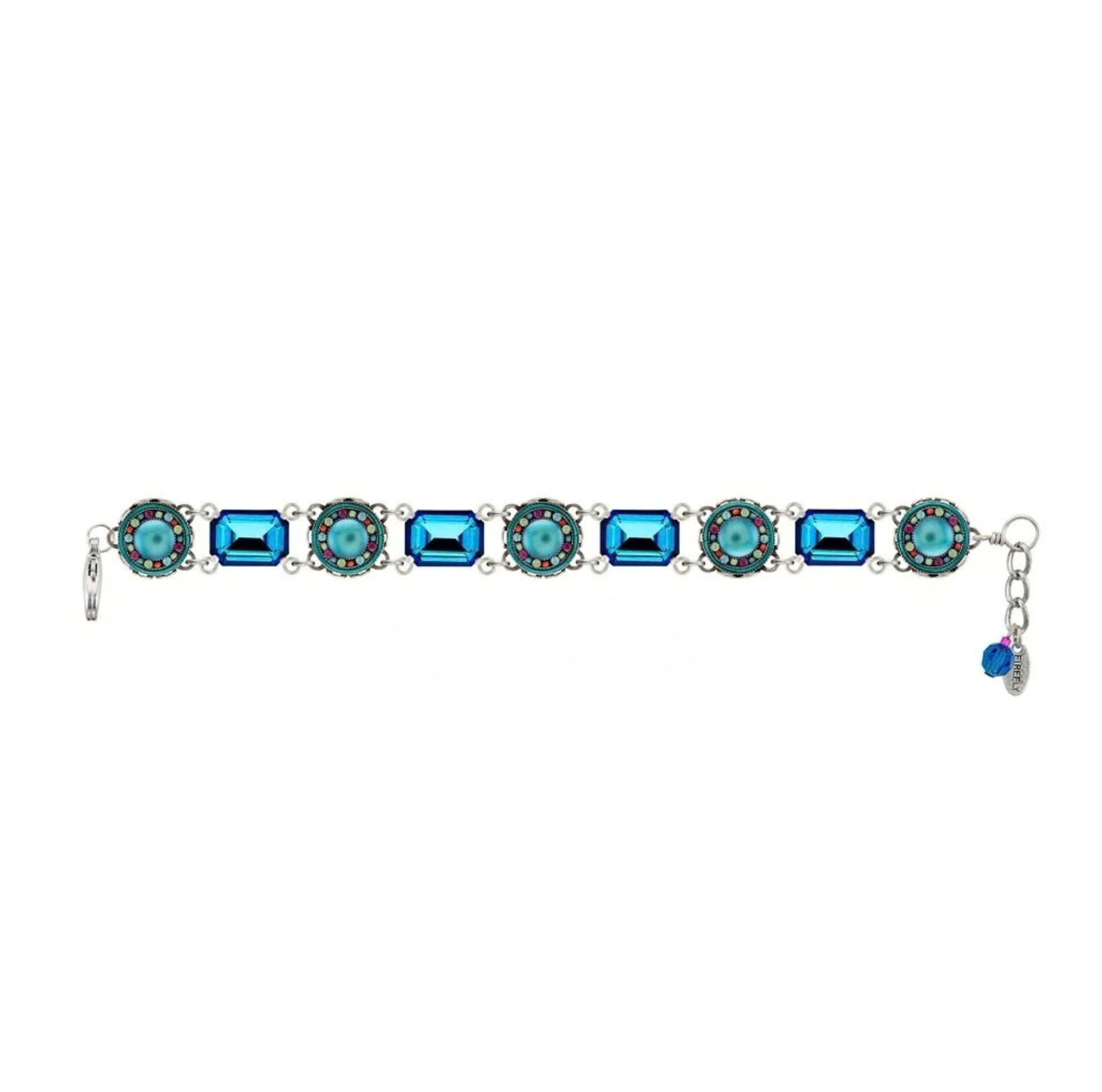 Firefly Kensington Round & Rectangular Bracelet - Bermuda Blue featuring a link design alternating between round, turquoise-toned circular stones and rectangular Bermuda Blue crystals.
