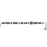 Firefly Botanical Leaf-Multi Color Bracelet, a handmade silver chain bracelet featuring rectangular and oval links with multicolored inlay, botanical leaf accents, and turquoise beads.
