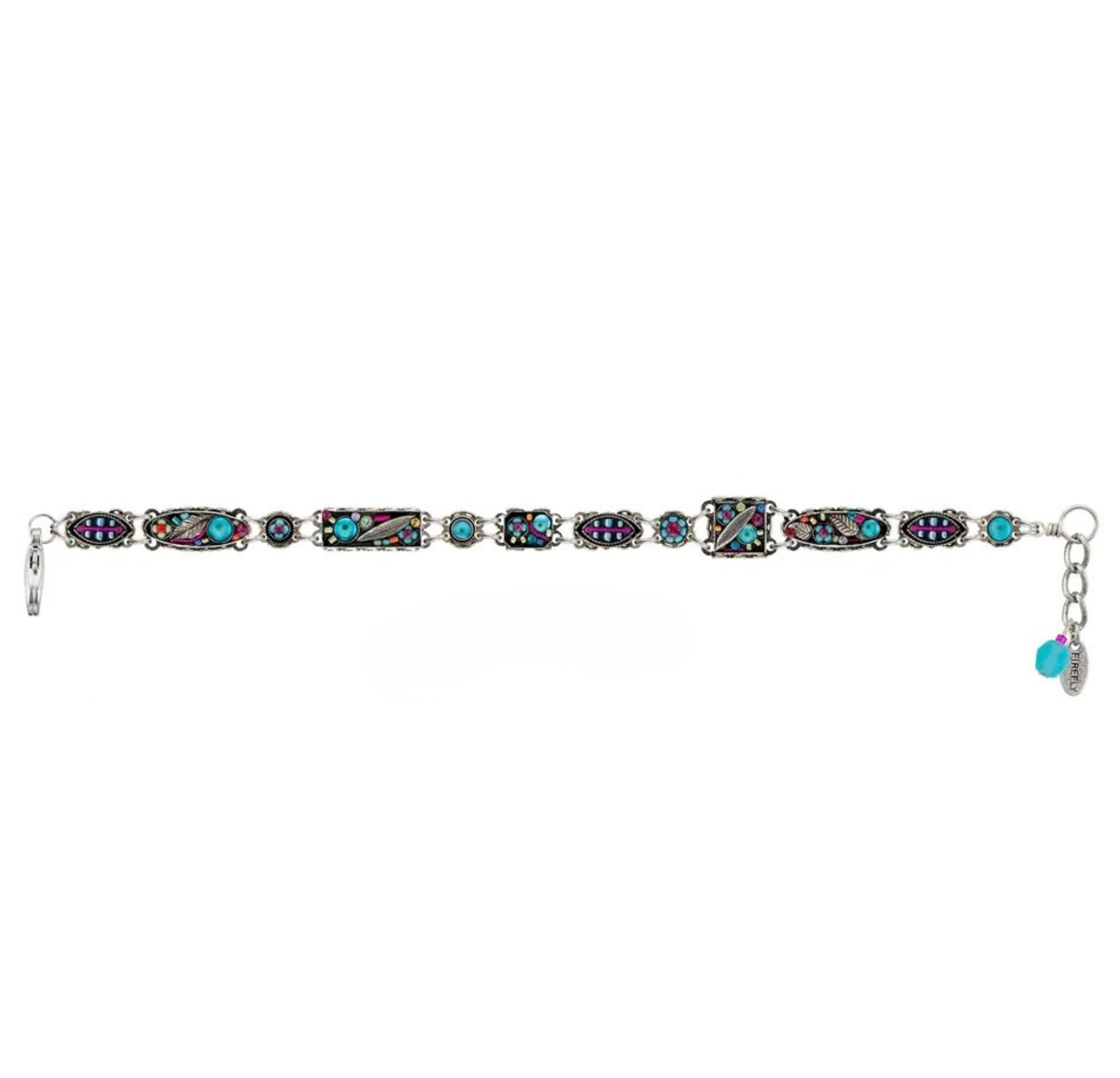 Firefly Botanical Leaf-Multi Color Bracelet, a handmade silver chain bracelet featuring rectangular and oval links with multicolored inlay, botanical leaf accents, and turquoise beads.