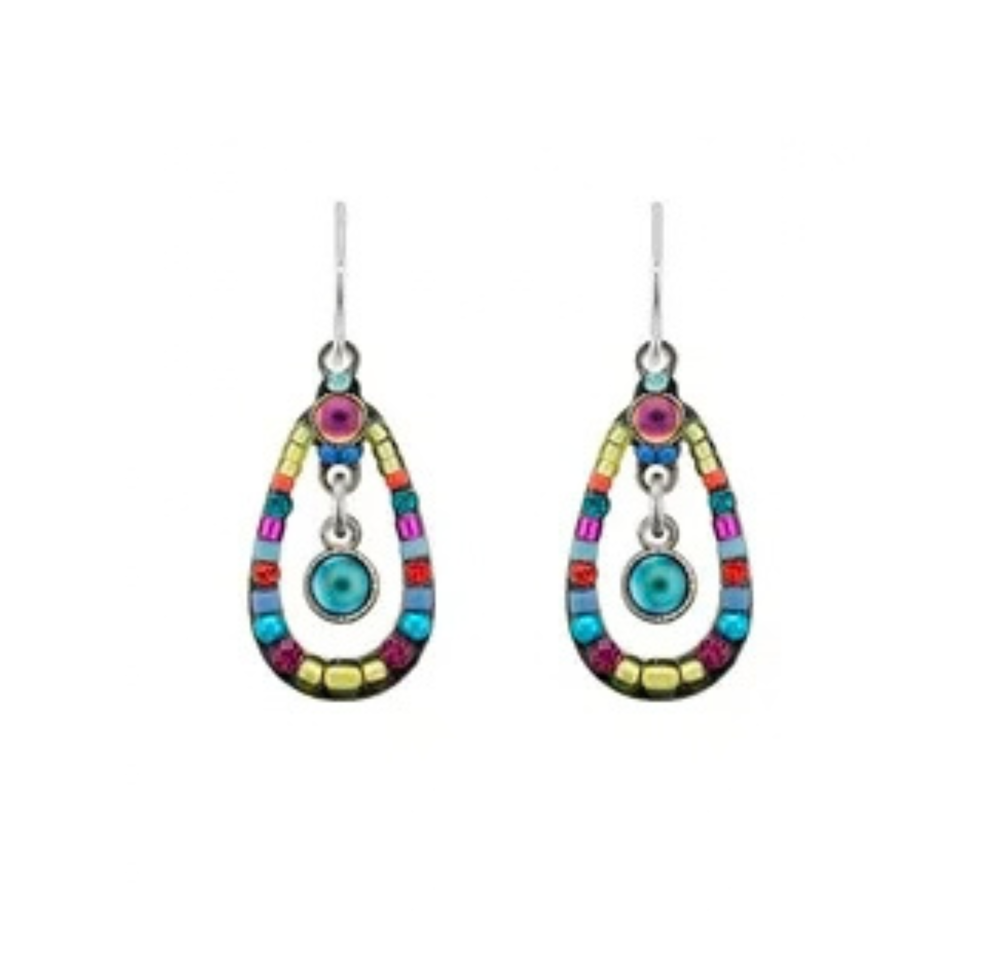 Firefly Moonlight Drop Hoop- Mix Earrings in a teardrop shape, accented with multicolored beads and a central turquoise stone.