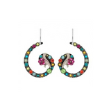 Botanical Spiral Flower Earring-Multicolor featuring a metallic flower accent and a border of multicolored round rhinestones.