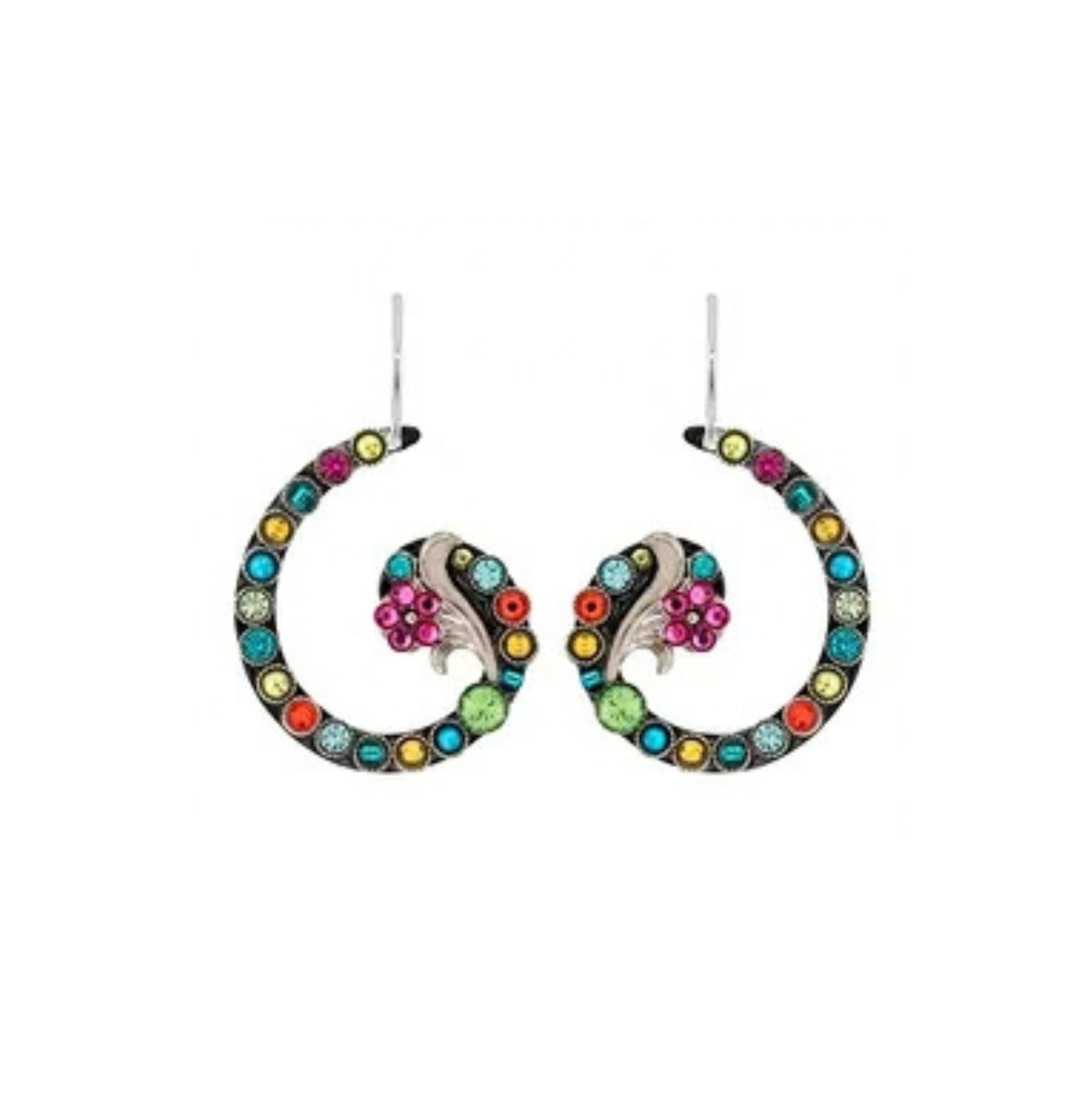 Botanical Spiral Flower Earring-Multicolor featuring a metallic flower accent and a border of multicolored round rhinestones.