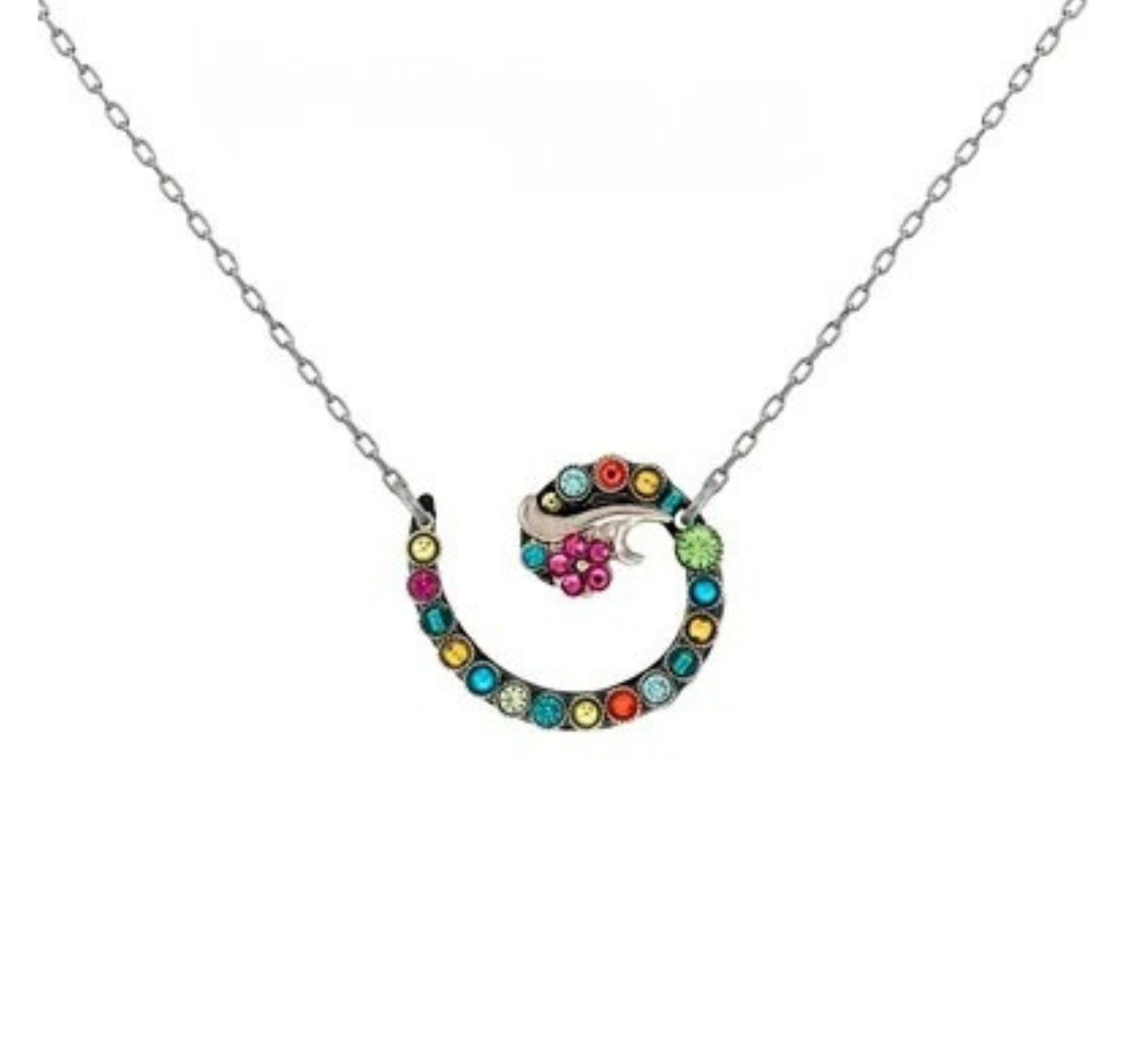 Firefly Botanical Spiral Flower Necklace- Multicolor featuring a spiral-shaped pendant with small, multicolored circular stones and a floral accent.