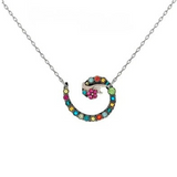 Firefly Botanical Spiral Flower Necklace- Multicolor featuring a spiral-shaped pendant with small, multicolored circular stones and a floral accent.
