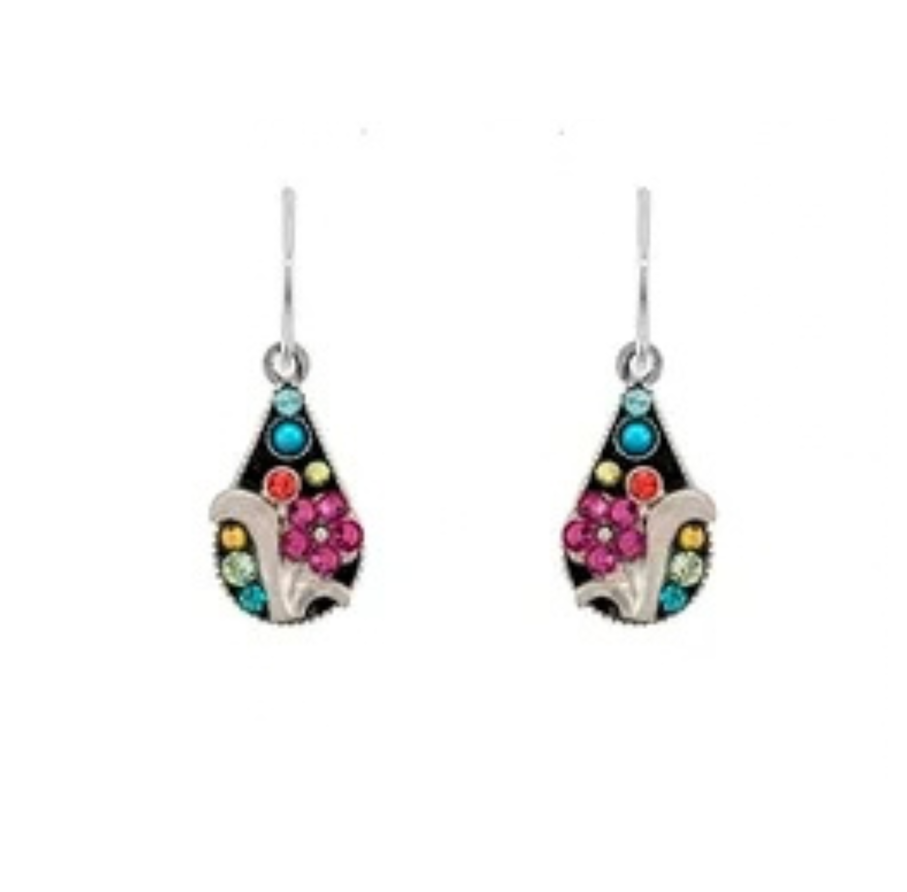 Firefly Botanical Tear Drop Flower Earrings-Multicolor featuring a floral motif accented with colorful, multi-shaped crystals.
