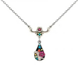 A silver Firefly Botanical Tear Drop Flower Necklace-Multicolor featuring a teardrop-shaped pendant with a floral motif and multicolored crystals.