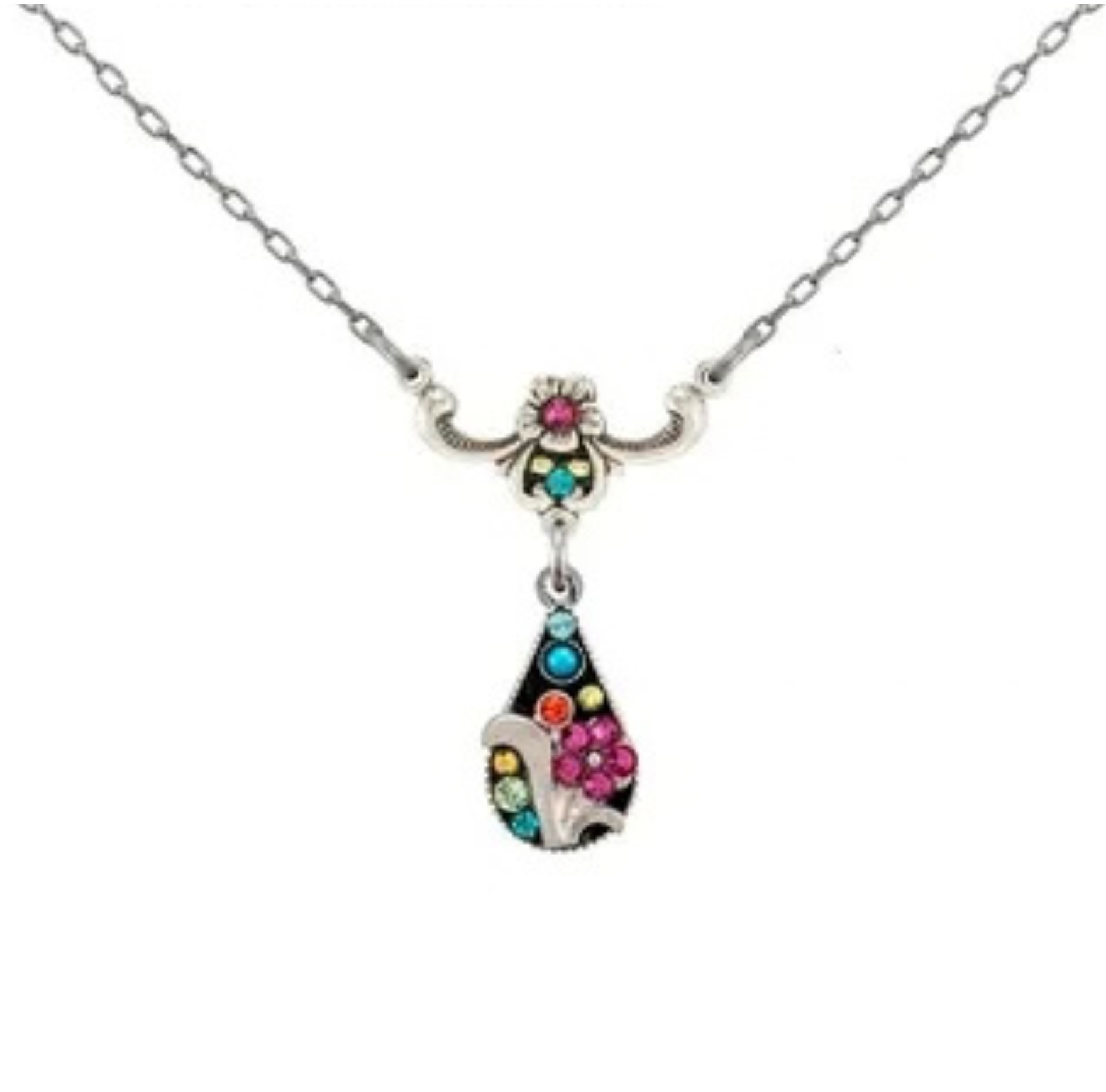A silver Firefly Botanical Tear Drop Flower Necklace-Multicolor featuring a teardrop-shaped pendant with a floral motif and multicolored crystals.