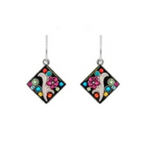 Firefly Botanical Diamond Shape Flower Earring-Multicolor: diamond-shaped drop earrings handmade in Guatemala featuring botanical flower motifs and small multicolored crystals on a black background.
