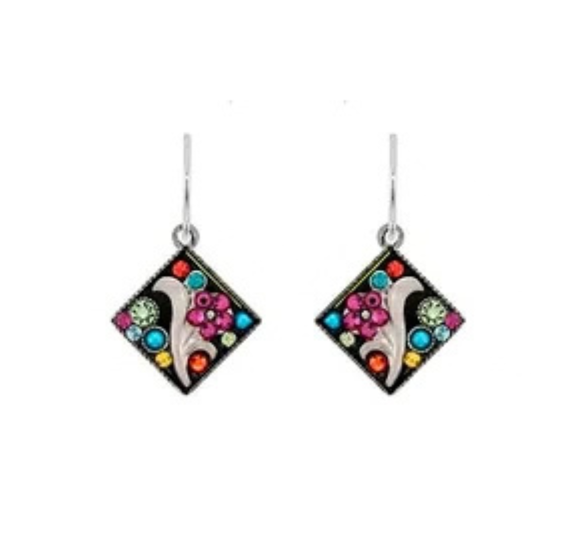 Firefly Botanical Diamond Shape Flower Earring-Multicolor: diamond-shaped drop earrings handmade in Guatemala featuring botanical flower motifs and small multicolored crystals on a black background.