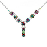 Firefly Geometric Y Necklace - Multicolor featuring a silver chain adorned with multicolored geometric charms and round crystals.