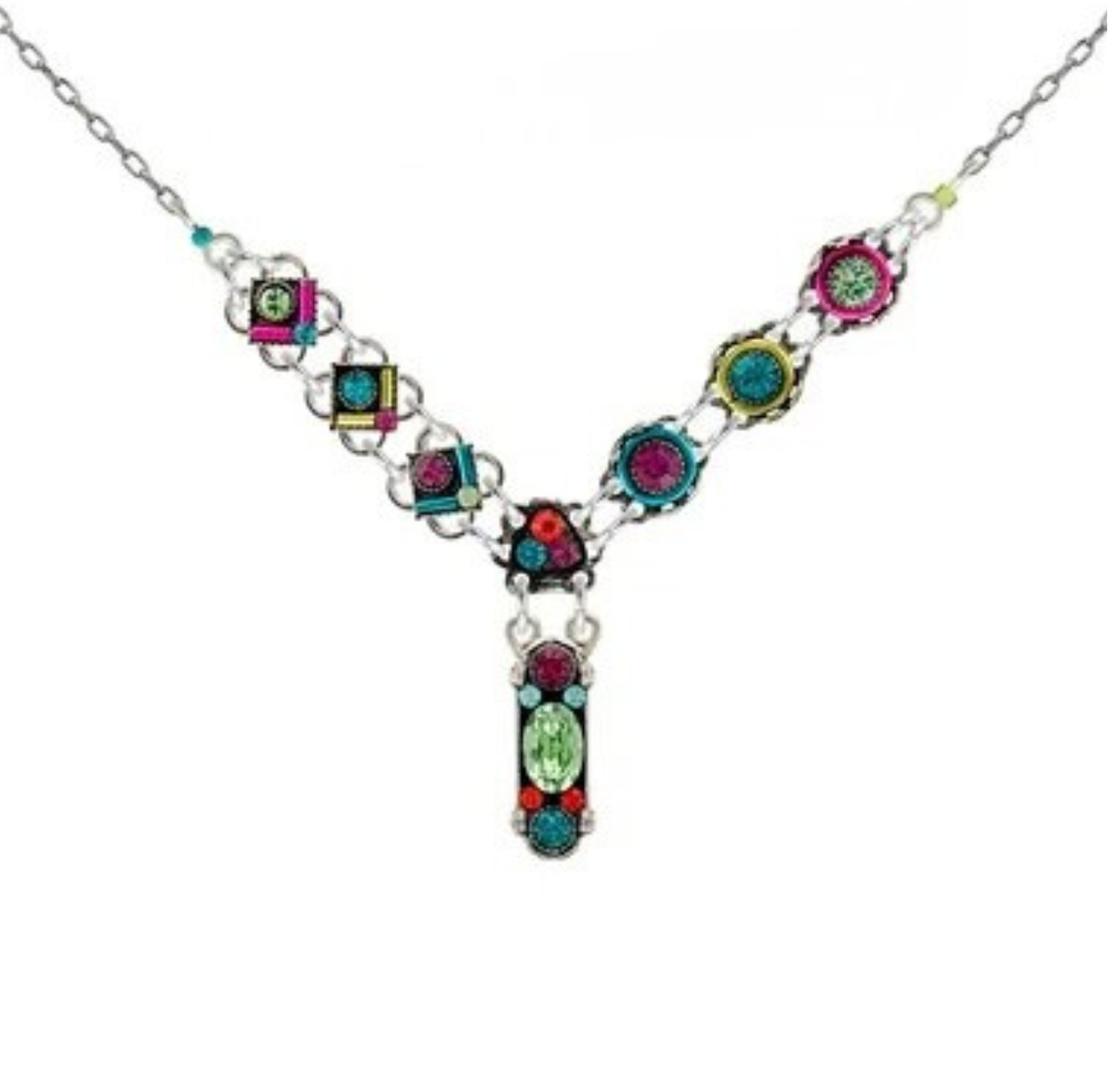 Firefly Geometric Y Necklace - Multicolor featuring a silver chain adorned with multicolored geometric charms and round crystals.