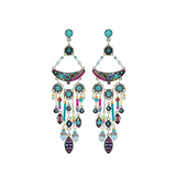 Firefly Botanical Cascade Chandelier Post Earring-Multicolor featuring turquoise, pink, and multicolored beads hanging in a tiered, botanical-inspired design from silver-toned metal frames.