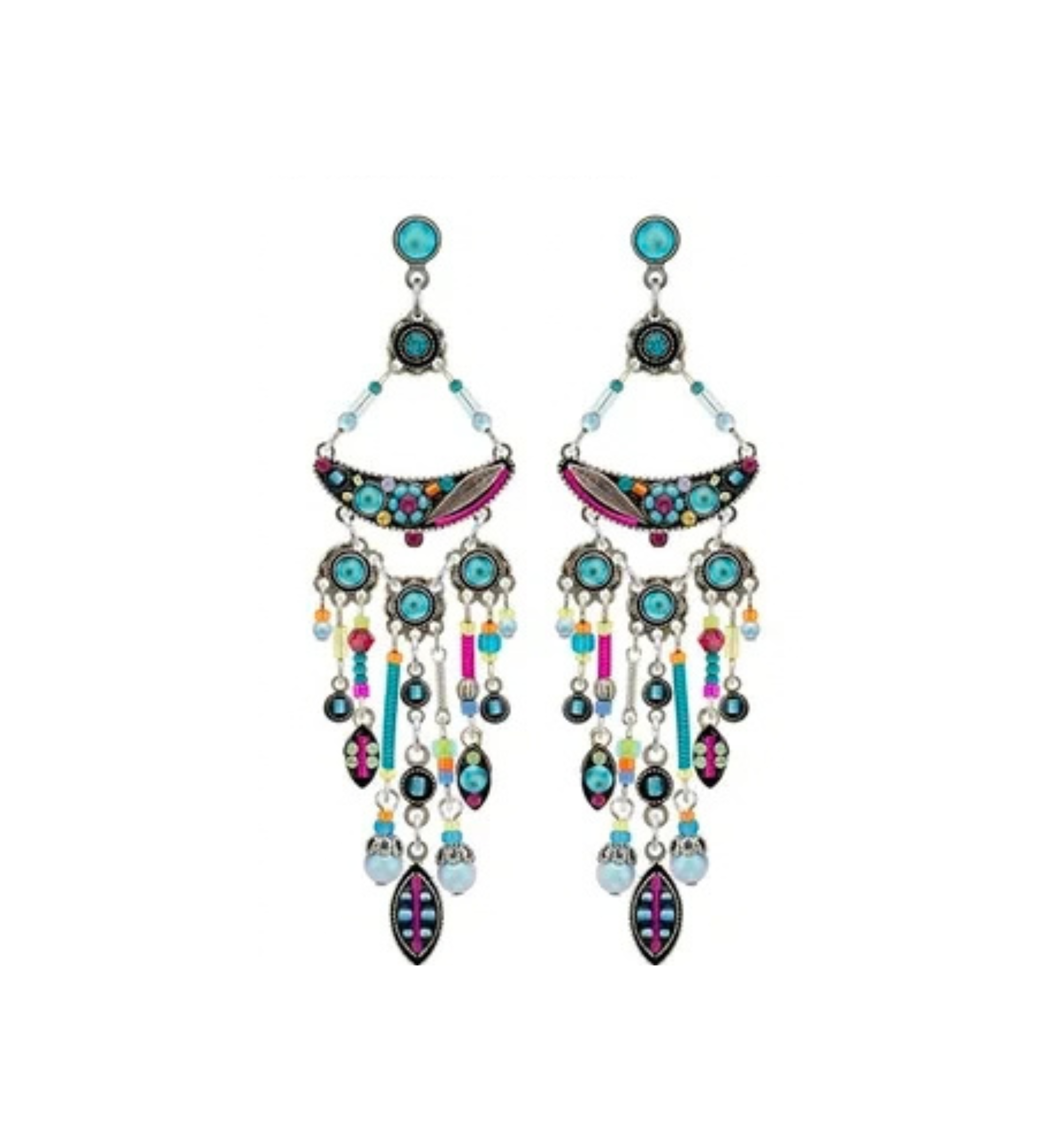 Firefly Botanical Cascade Chandelier Post Earring-Multicolor featuring turquoise, pink, and multicolored beads hanging in a tiered, botanical-inspired design from silver-toned metal frames.