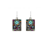 Firefly Botanical Leaf Rectangle Dangle Earrings-Multicolor are handmade in Guatemala, featuring a botanical leaf design accented with colorful beads and a central blue cabochon.