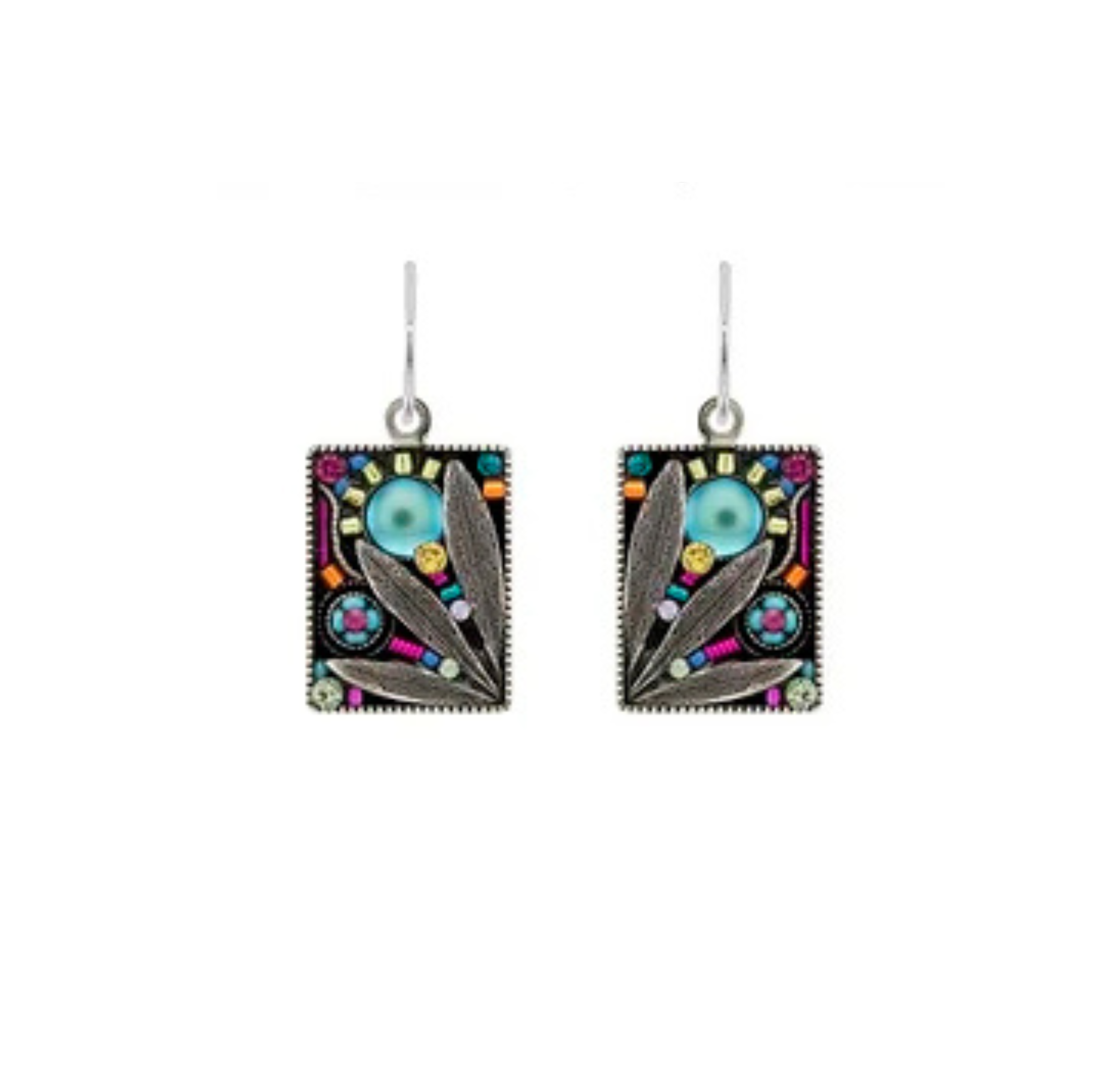 Firefly Botanical Leaf Rectangle Dangle Earrings-Multicolor are handmade in Guatemala, featuring a botanical leaf design accented with colorful beads and a central blue cabochon.