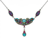 Firefly Botanical Teardrop Aqua Crystal Drop Necklace -Multicolor featuring a silver leaf-shaped pendant with turquoise, pink, and red accents, ending in an aqua crystal teardrop.