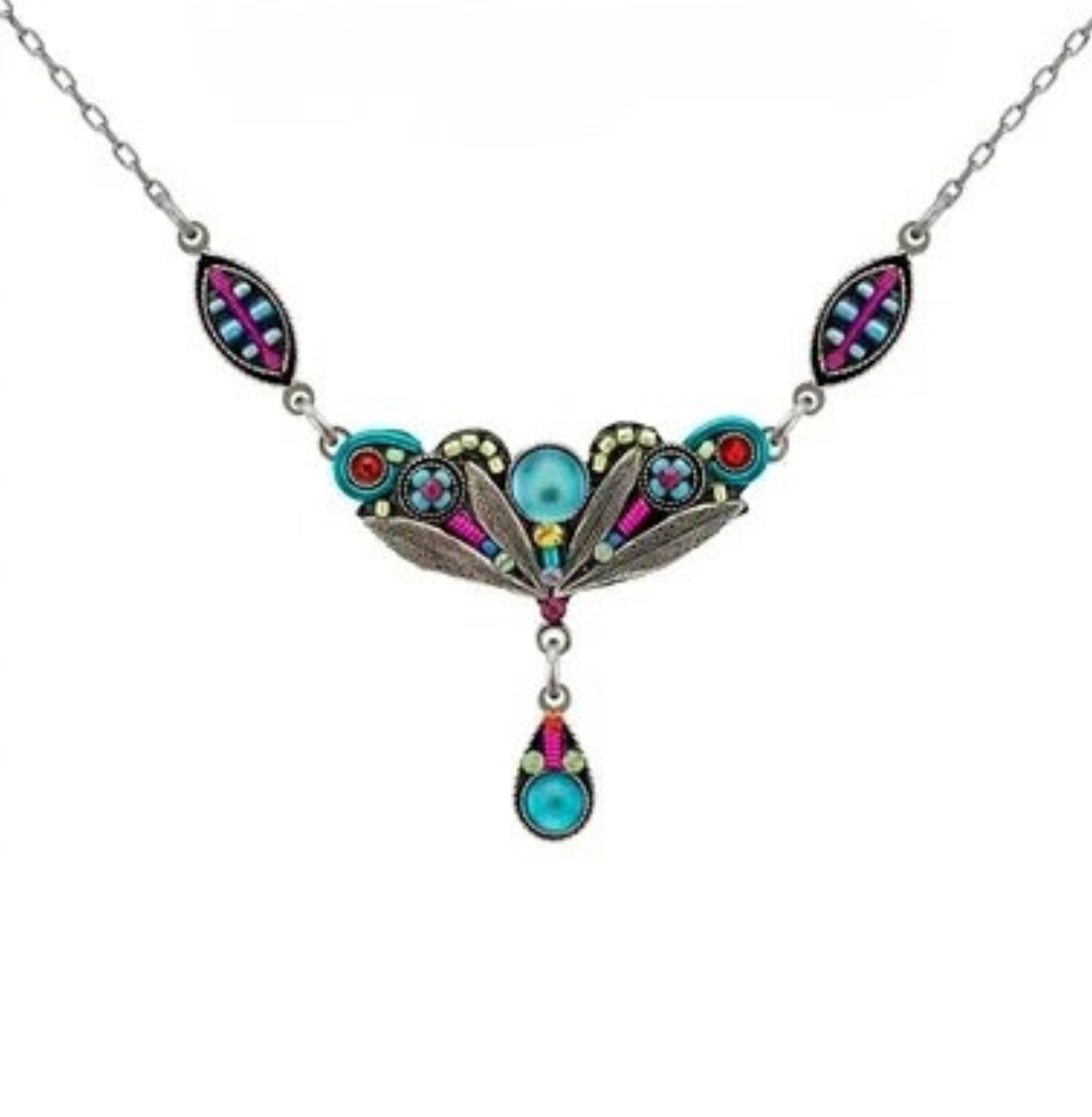 Firefly Botanical Teardrop Aqua Crystal Drop Necklace -Multicolor featuring a silver leaf-shaped pendant with turquoise, pink, and red accents, ending in an aqua crystal teardrop.