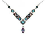Firefly Botanical Y Shaped Necklace-Multicolor crafted from silver-tone metal, featuring turquoise round stones and leaf-shaped segments with pink and blue enamel accents.