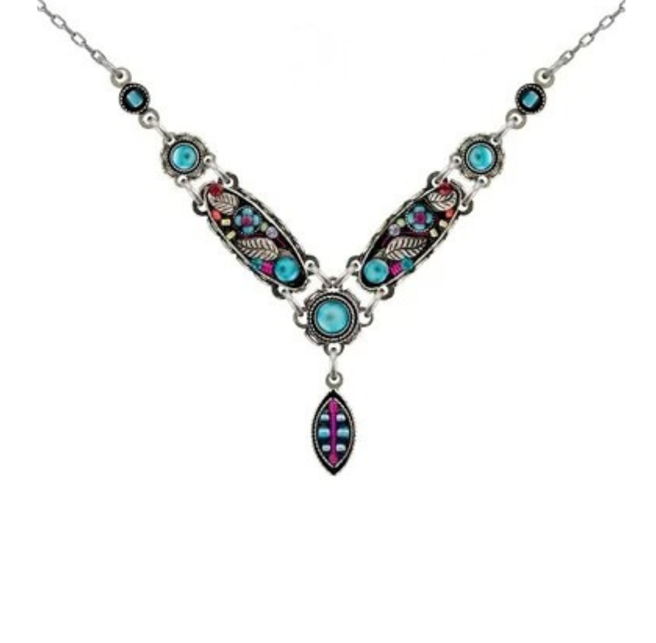 Firefly Botanical Y Shaped Necklace-Multicolor crafted from silver-tone metal, featuring turquoise round stones and leaf-shaped segments with pink and blue enamel accents.