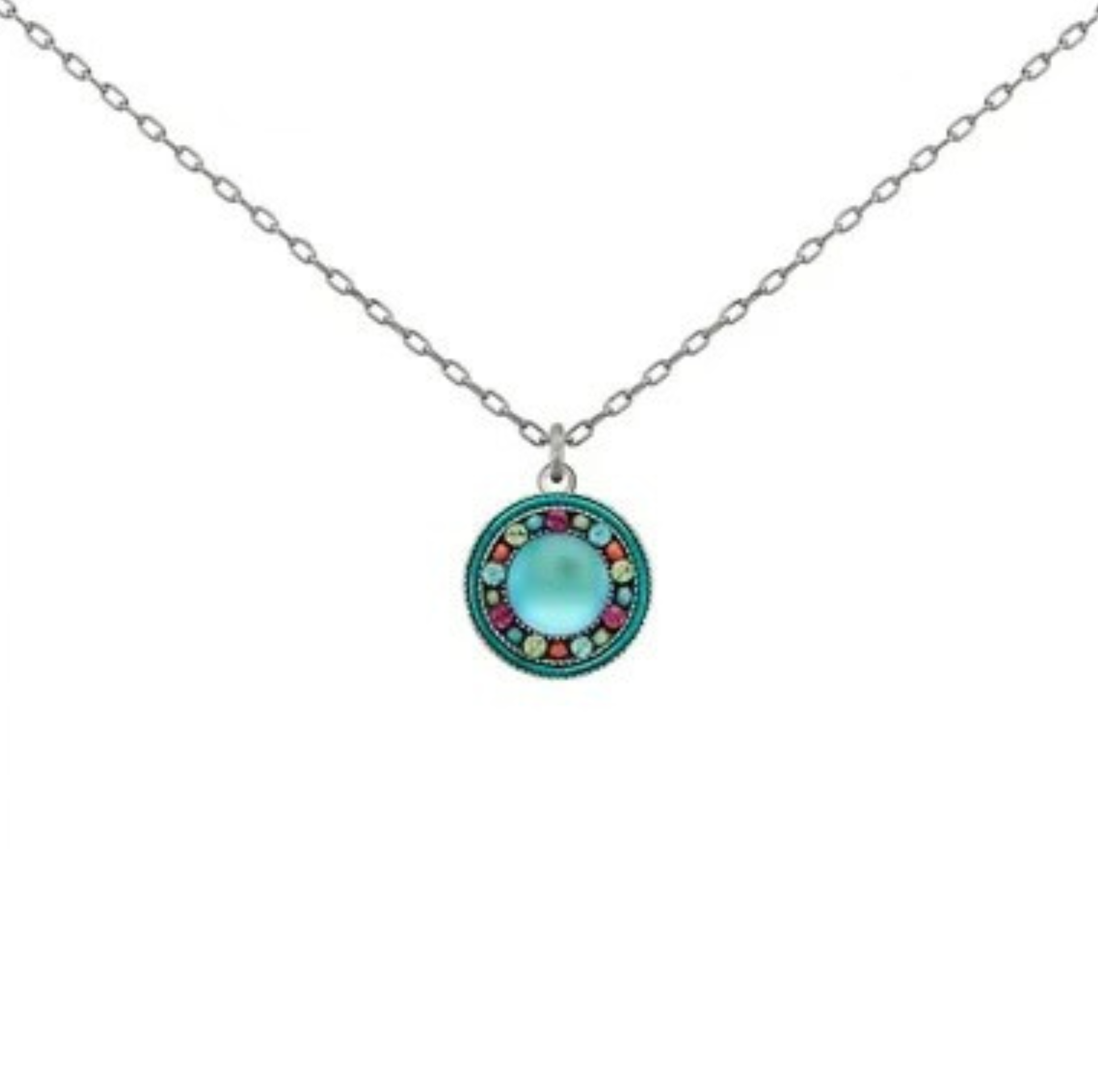 Firefly Kensington Round Necklace- Bermuda Blue featuring a silver, round pendant with a central blue cabochon stone surrounded by a ring of multicolored crystals.
