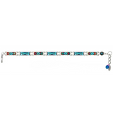 The Firefly Kensington Skinny Bracelet- Bermuda Blue features a silver-tone chain with alternating rectangular blue crystals and clusters of colorful stones, finished with an adjustable link chain and a small blue crystal charm.