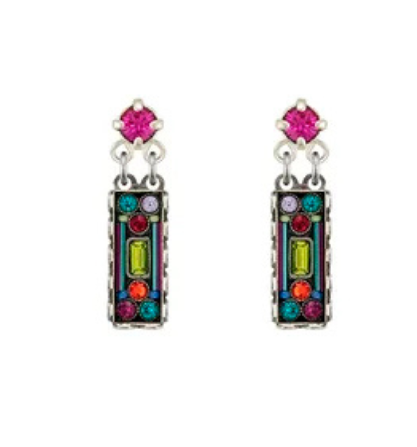 Add a short marketing blurb about the product, as well. Here is your rewritten sentence and a marketing blurb: Rewritten Sentence: The Firefly Architectural Rectangle Stud with 3 Crystals features an eye-catching multicolor design, showcasing vibrant pink, green, and blue crystals set in silver-tone metal for a bold architectural look. Marketing Blurb: Add a playful splash of color to any outfit with these modern rectangle studs from Firefly Jewelry—perfect for expressing your unique style!.
