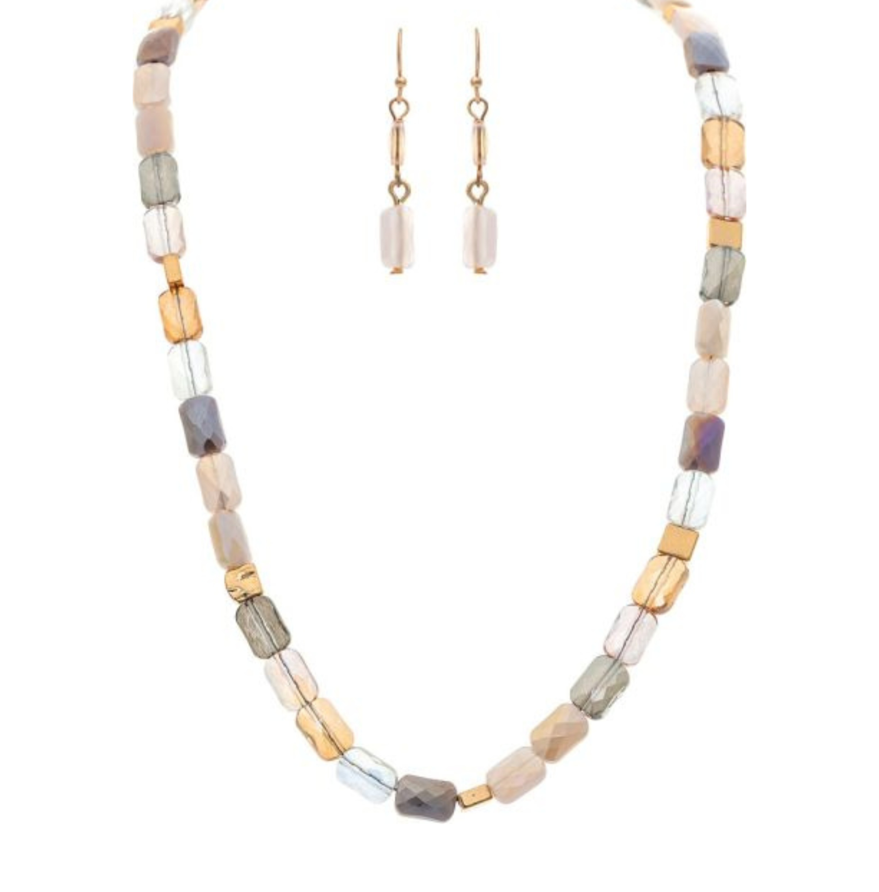 The A-Train Gold Pink Fire Polish Faceted Beads Necklace Set includes matching dangle earrings with soft neutral tones and gold accents, elegantly presented on a white background for a refined touch to any outfit.